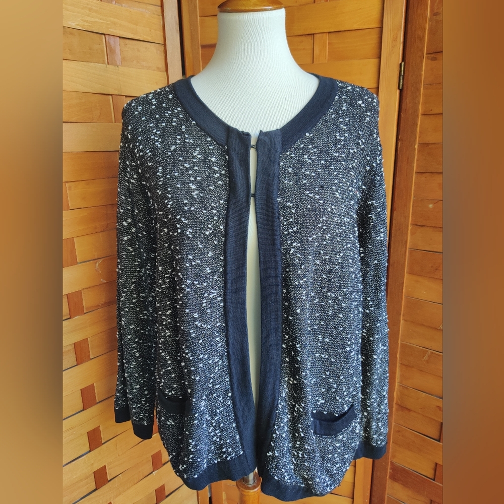 Liz Claiborne Fuzzy Knit Dotted Sweater Cardigan Black White Womens Size XL
